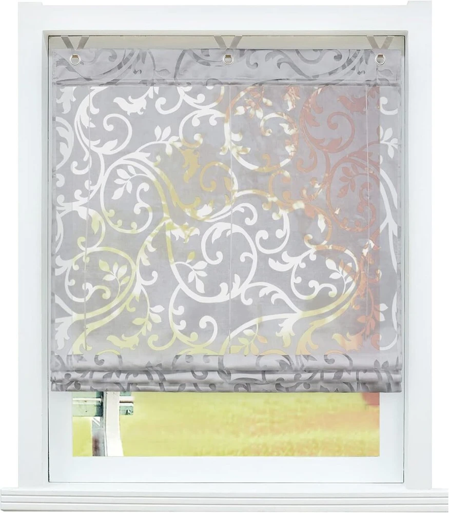 Schoal romanetės be gręžimo, perdegusios užuolaidos, permatomos ritininės užuolaidos su žiedeliais, 1 vnt., plotis x aukštis 80 x 130 cm, pilka
