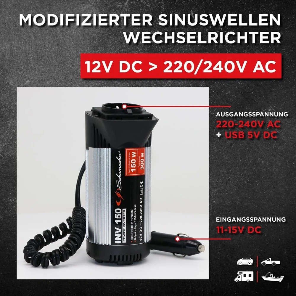 Schumacher 150w/300w įtampos keitiklis 12v Dc į 220v Ac