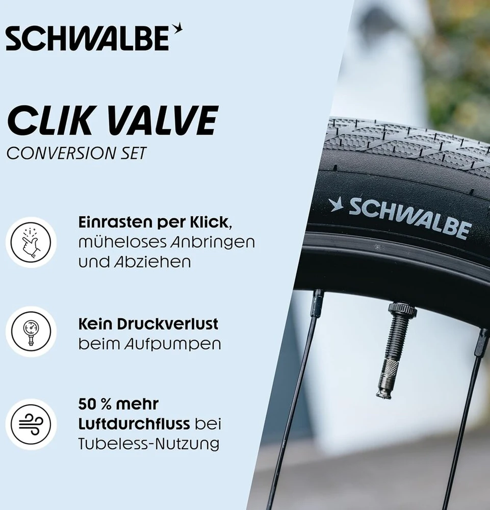 Schwalbe Clik Valve - dviračio ventilio priedas - Dv-scv konvertavimo rinkinys (tik ventiliai)