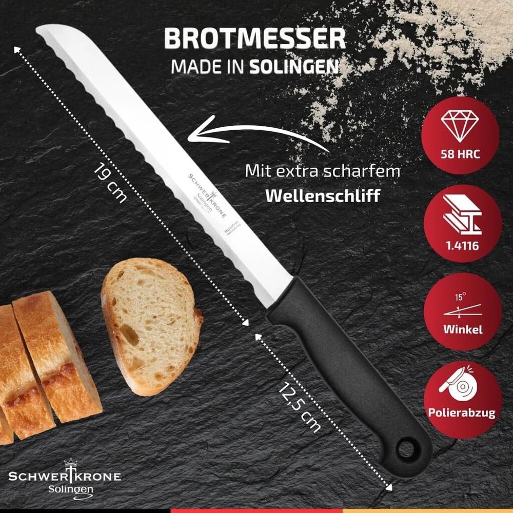 Schwertkrone® duonos peilis su dantytu kraštu [pagamintas Solingene - Vokietijoje] - duonos peilis - didelis duonos peilis su rankena - duonos ir pjaustymo peilis - nerūdijančio plieno pjūklinis peilis (ašmenys: 19 cm)