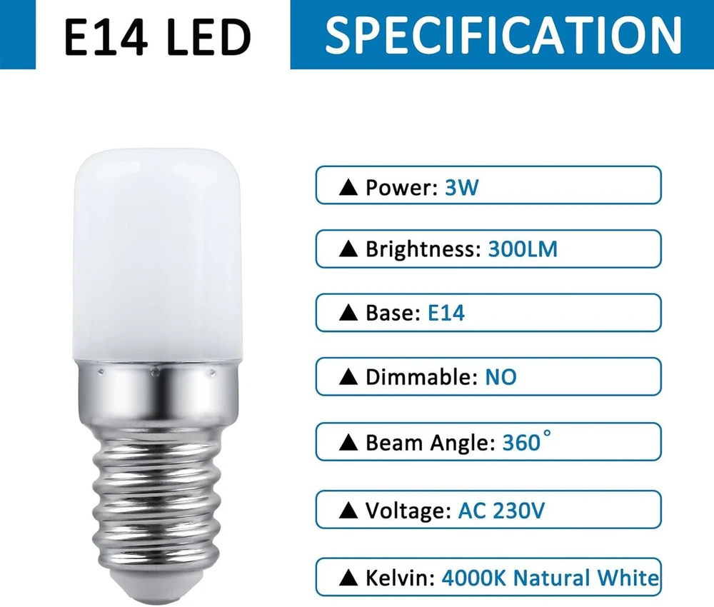 Scnnc Led T18 E14 3w 300lm 4000k šaltai balta lemputė (2 vnt.)