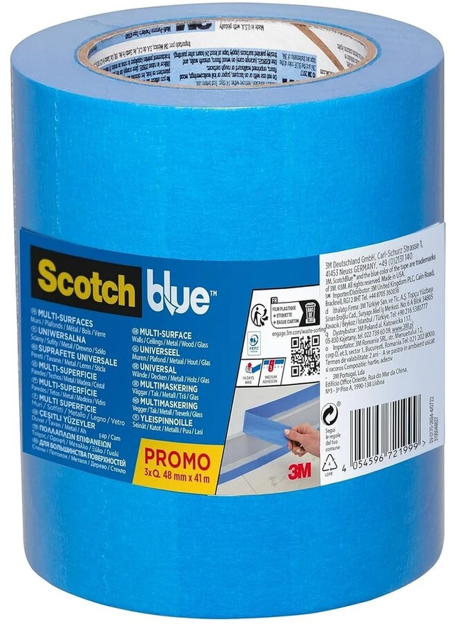 Scotchblue Premium dažytojo maskavimo juosta įvairiems paviršiams, 48 mm x 41 m - Scotch juosta dažymo darbams ir dekoravimui, skirta dažymui, lakavimui, renovacijai - maskavimo juosta / maskavimo juosta - 3 vnt. pakuotė