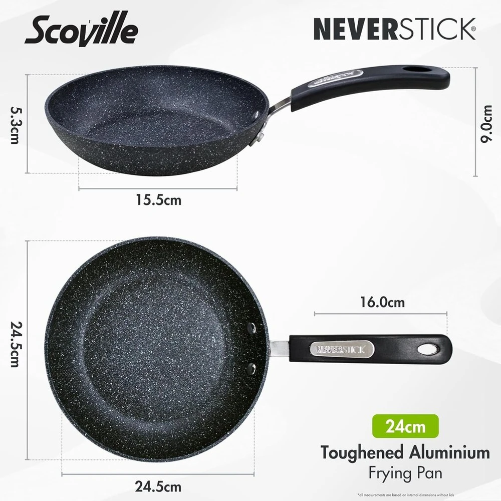 Scoville Neverstick 24 cm keptuvė nepridegančia danga, atspari įbrėžimams, lengvai valoma, nerūdijančio plieno pagrindas su minkšta rankena, juoda