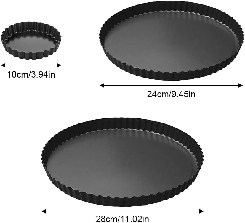 Sdflkae 3 quiche formų rinkinys 10/24/28 cm, tartaletės forma su iškeliamu pagrindu, plieninė apvali nelipni quiche kepimo forma, banguotas kraštas, vaisių pyrago forma, pyrago pagrindo kepimo forma quiche, tartaletėms, pyragams