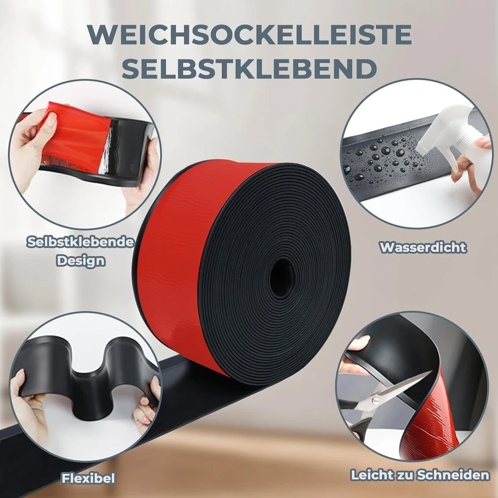 Sdldeer lipni grindjuostė, 10 cm x 3 m, minkšta Pvc grindjuostė, lipni, lanksti grindjuostė, tinkama virtuvei ir vonios kambariui (juoda)
