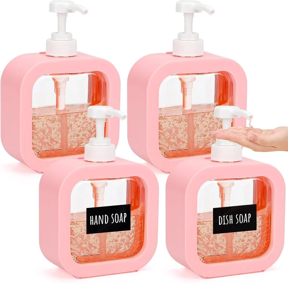 Segbeauty dozatorius su pompa, 4 vnt., 500 ml dušo želė dozatorius, indų ploviklio dozatorius, plastikinis muilo dozatorius, šampūno dozatorius, dušo želė talpykla, virtuvės kriauklės dozatorius su etiketėmis, muilas