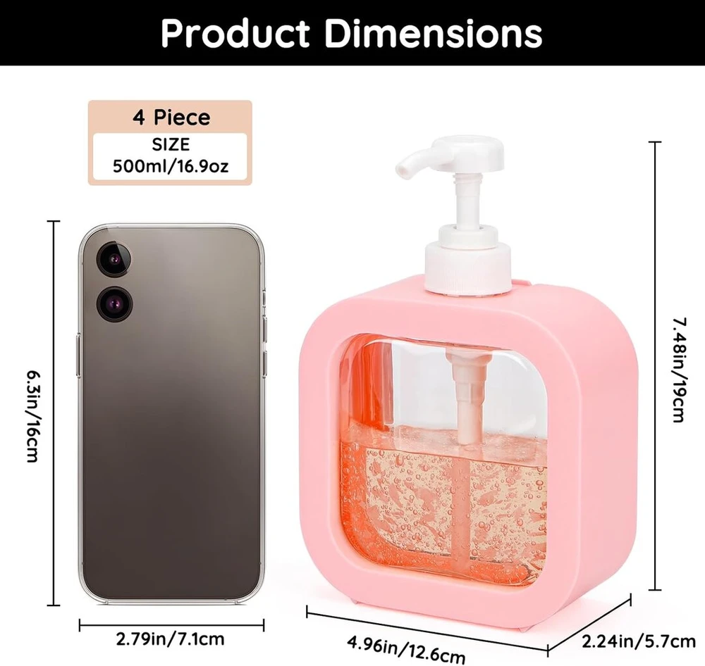 Segbeauty dozatorius su pompa, 4 vnt., 500 ml dušo želė dozatorius, indų ploviklio dozatorius, plastikinis muilo dozatorius, šampūno dozatorius, dušo želė talpykla, virtuvės kriauklės dozatorius su etiketėmis, muilas