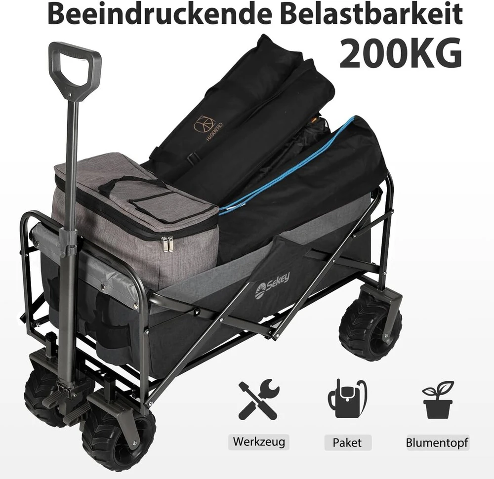 Grandininis pjūklas Sekey sulankstomas vežimėlis 200 kg, sulankstomas vežimėlis su pu plačiomis padangomis 17 x 10 cm, sulankstomas transportavimo vežimėlis bekelei su teleskopiniu strypu ir stabdžiais, classic 3017, juodas/pilkas