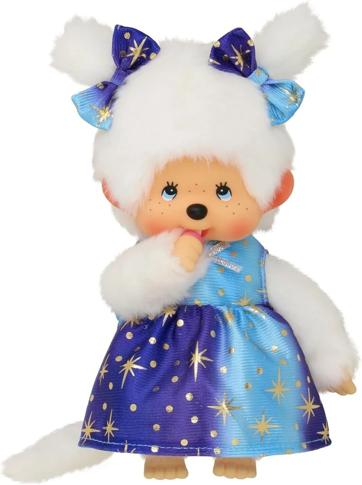 Sekiguchi 221240 Originalus Monchhichi mergaitė su žvaigždžių šviesos suknele, apie 20 cm minkštas žaislas pagamintas iš rudo pliušo