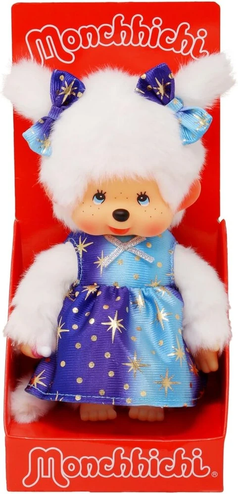 Sekiguchi 221240 Originalus Monchhichi mergaitė su žvaigždžių šviesos suknele, apie 20 cm minkštas žaislas pagamintas iš rudo pliušo