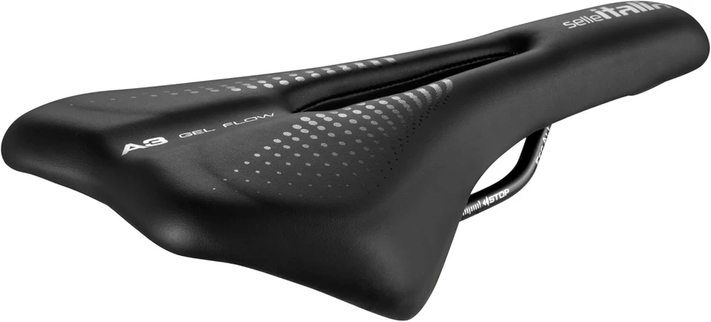 Selle Italia A3 Gel Flow dviračio balnelis patogus su geliu, anatomine išpjova, atsparus vandeniui ir tinkamas visų tipų dviračiams - juodas