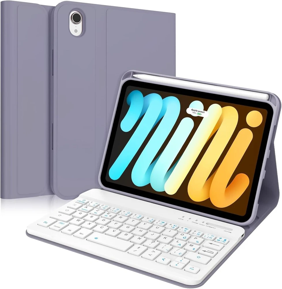Sengbirch Ipad Mini 7 (a17pro) 8.3 colių 2024 Klaviatūros dėklas - prancūziška Azerty klaviatūra, nuimamas belaidis bluetooth klaviatūros dėklas, skirtas Ipad Mini 7 8.3 colių 2024, levandų spalvos
