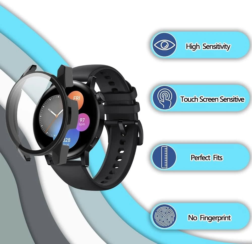Senool dėklas, suderinamas su Huawei Watch Gt 3 42 mm, kietas Pc dėklas su stiklo plėvelės ekrano apsauga, [9h kietumas, atsparus įbrėžimams], apsauginis dėklas, suderinamas su Huawei Watch Gt3 42 mm - juodas