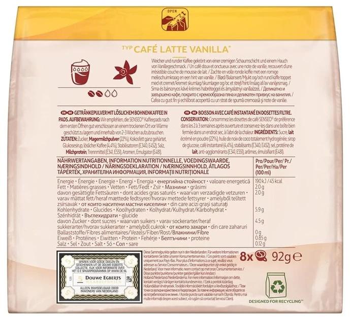 Senseo Café Latte Vanilla kavos pagalvėlės, 40 kavos kapsulių, 5 pakuotės po 8 gėrimus, 460 g