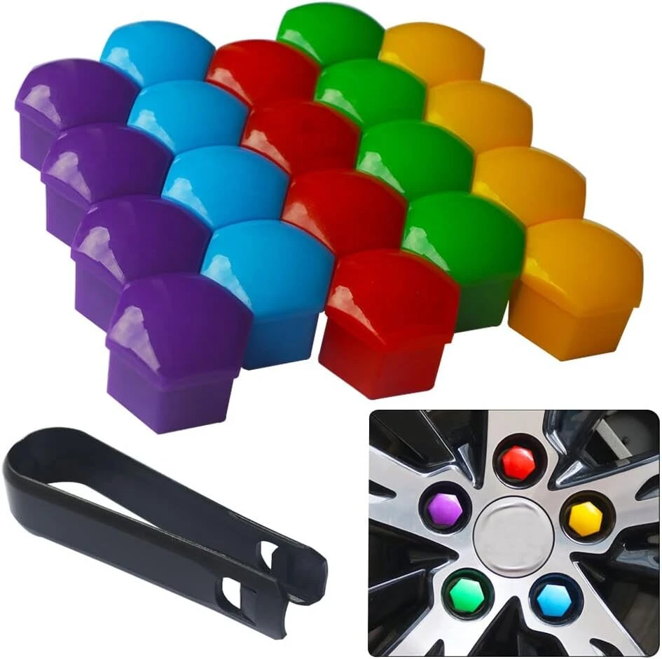Senvenelec 20 vnt. universalūs 17 mm plastikiniai veržlių dangteliai, skirti automobilių ratų veržlėms, varžtų dangteliai, ratų gaubtai, 17 mm ratų veržlių dangteliai. su 1 nuėmimo kabliuku (penkios spalvos)