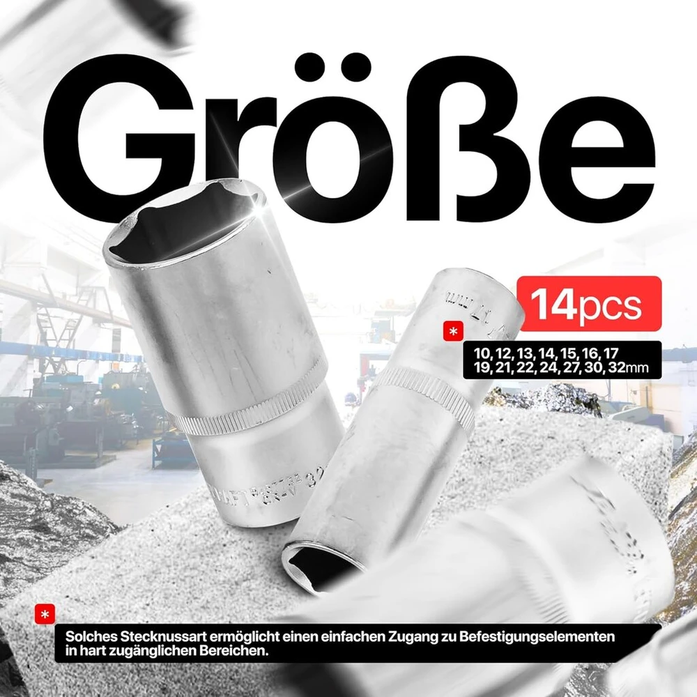 Šešiakampių smūginių galvučių rinkinys, 14 dalių, 10-32 mm, 1/2 colio