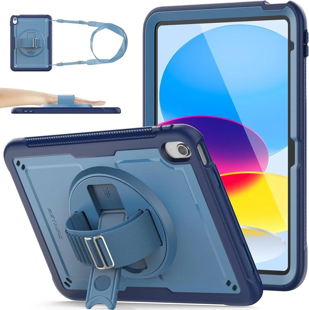Seymac stock dėklas, skirtas Ipad A16 11-osios/10-osios kartos 11/10.9 colių 2025/2022, smūgiams atsparus dėklas su ekrano apsauga, rašiklio laikikliu, 360° pasukamu stovu/rankos dirželiu ir peties dirželiu, tamsiai mėlynas