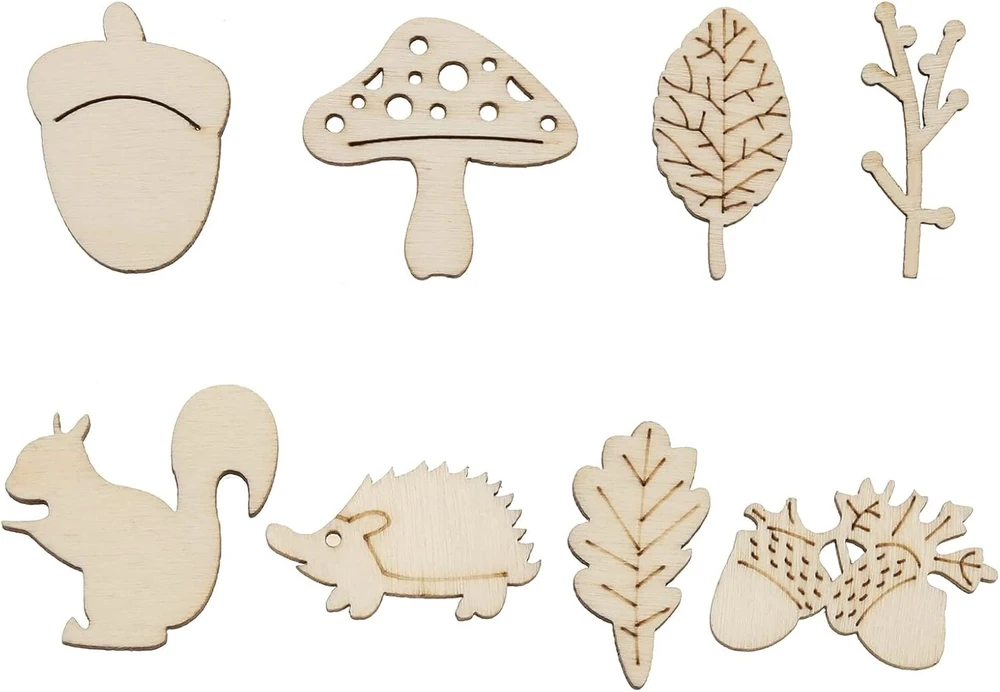 Sg Store 200 vnt. medinių papuošalų, dekoratyvinės medžio drožlės voverės grybų lapų ežiuko gilių šakų formos mediniai diskai ornamentai "pasidaryk pats" scrapbooking amatų gamybai