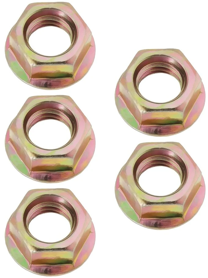 Sg store 5pz m12 x 1.5 šešiabriaunės veržlės su smulkiu sriegiu ir flanšu, padengtos spalvotu cinku, kurių skersmuo 22 mm, o apatinis skersmuo 18 mm, naudojamos motociklų grandinių žvaigždutėms