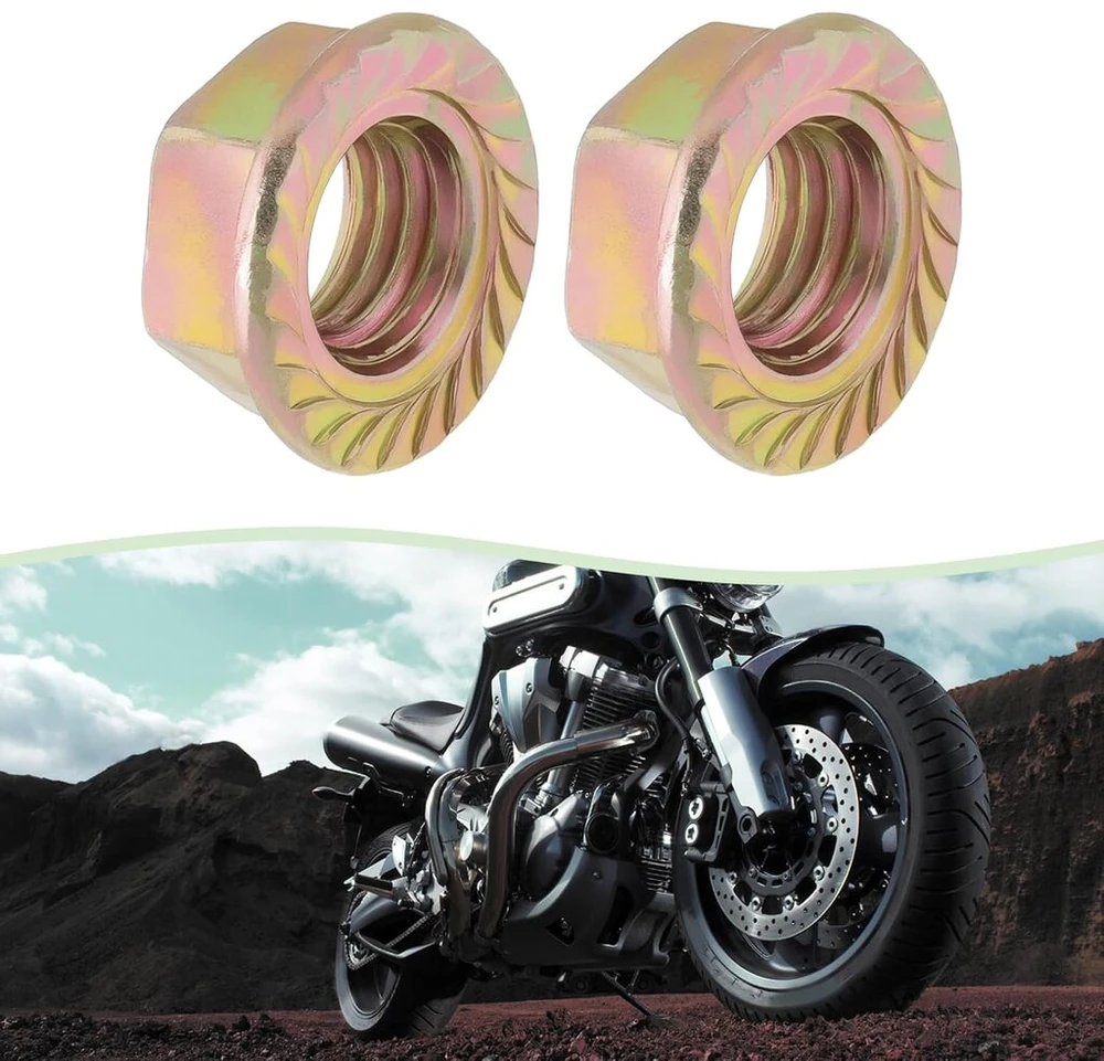 Sg store 5pz m12 x 1.5 šešiabriaunės veržlės su smulkiu sriegiu ir flanšu, padengtos spalvotu cinku, kurių skersmuo 22 mm, o apatinis skersmuo 18 mm, naudojamos motociklų grandinių žvaigždutėms