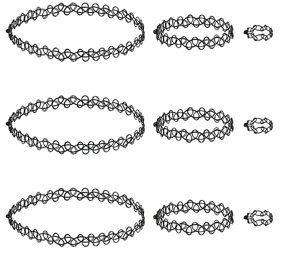 Sgerufz 3 rinkiniai 9 dalių choker tipo vėrinių rinkiniai, choker apyrankių žiedai, tampri tatuiruotės tipo vėrinys, elastingo tuščiavidurio audinio papuošalų rinkinys, apykaklė mergaitėms, moterims, vaikams