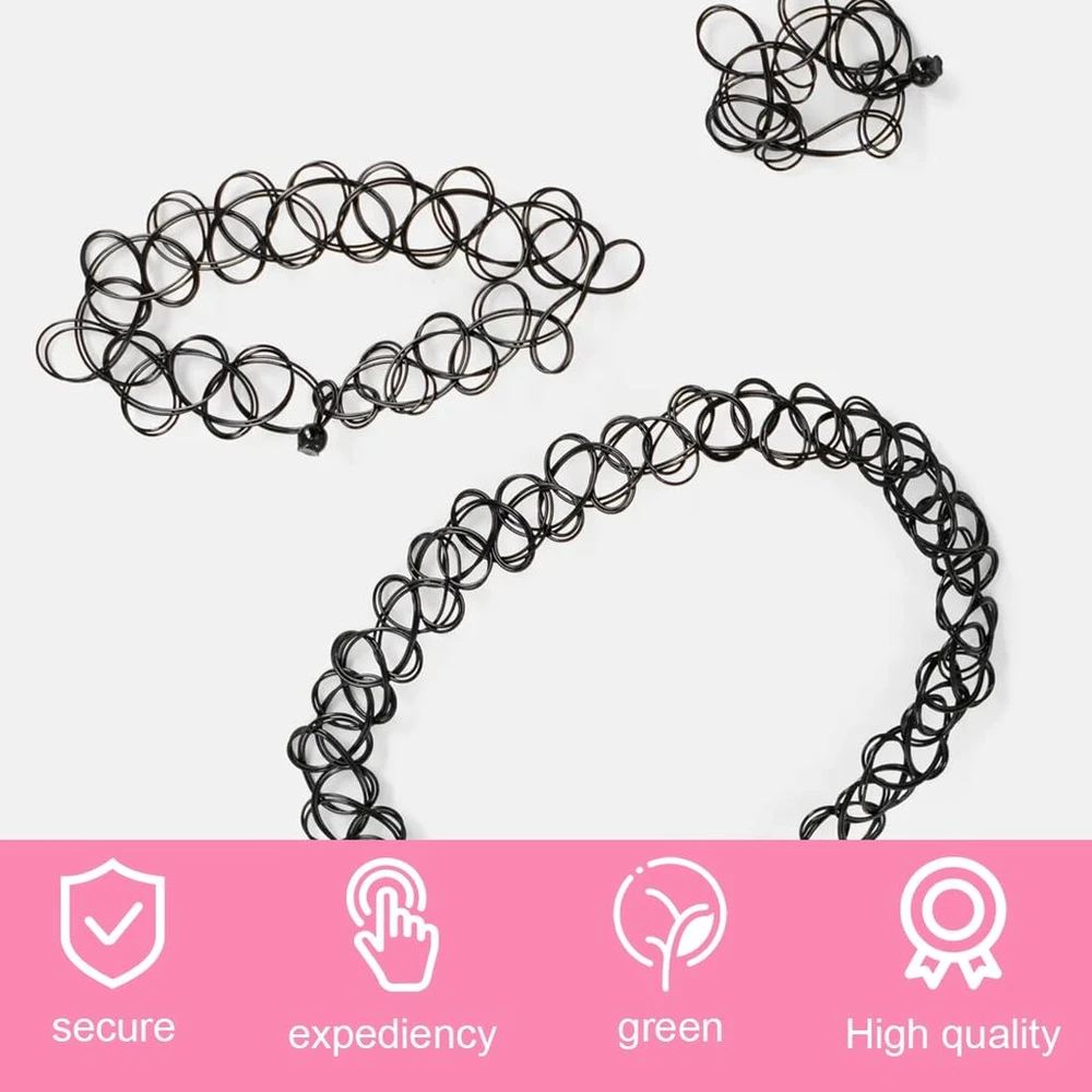 Sgerufz 3 rinkiniai 9 dalių choker tipo vėrinių rinkiniai, choker apyrankių žiedai, tampri tatuiruotės tipo vėrinys, elastingo tuščiavidurio audinio papuošalų rinkinys, apykaklė mergaitėms, moterims, vaikams