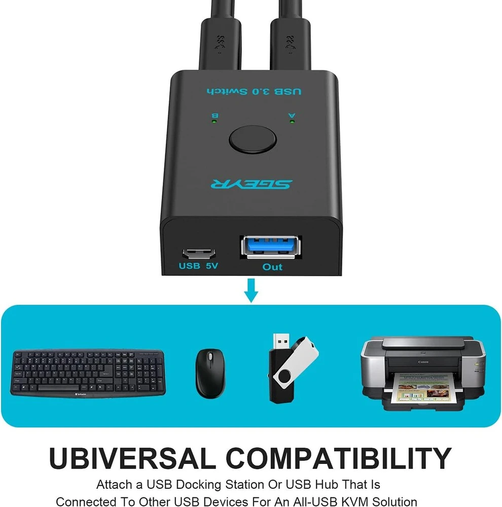 Sgeyr Usb 3.0 jungiklis, 2 įėjimai 1 išėjimas Usb perjungiklis 2 kompiuteriams dalintis 1 Usb įrenginiu, pele, klaviatūra, skaitytuvu, spausdintuvu ir kt.
