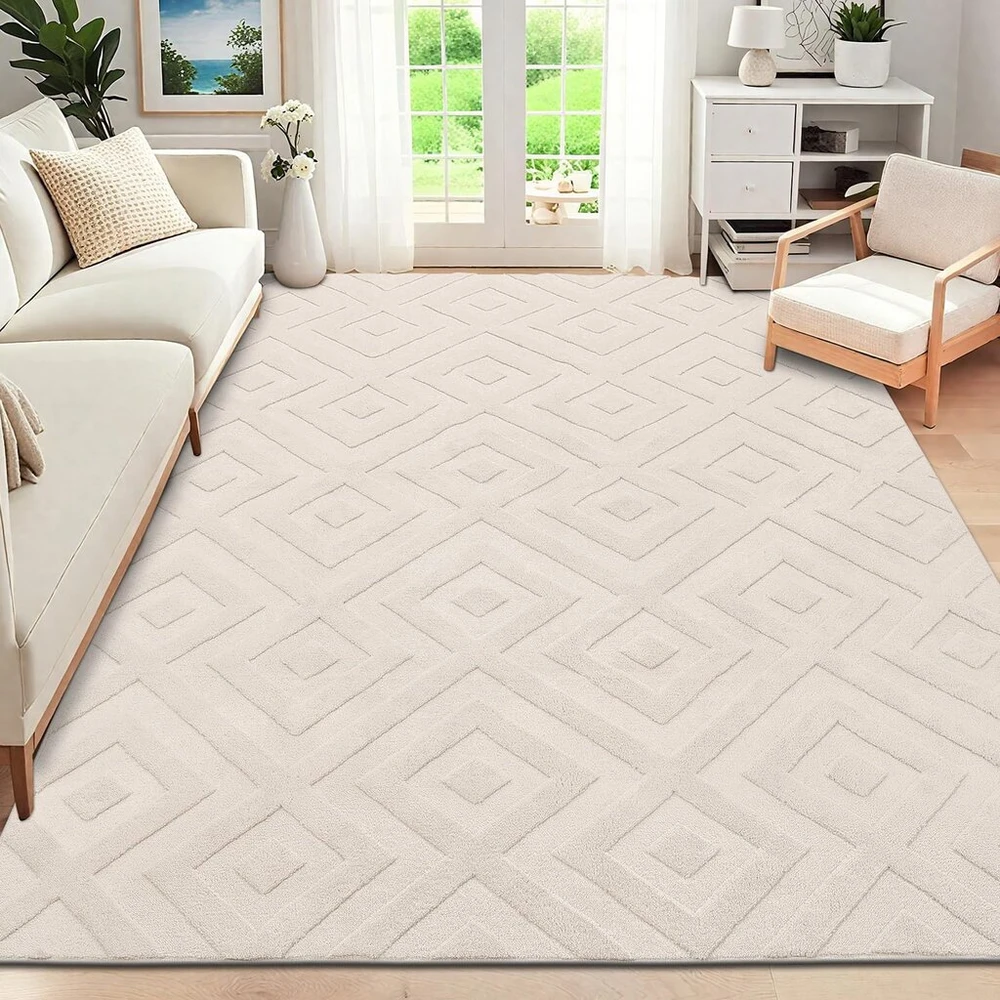 Shacos plaunamas kilimas svetainei, trumpo plauko, 160 x 230 cm, didelis minkštas modernus smėlio spalvos kilimas svetainei su aukštu/žemu 3d efektu, neslystantys kilimai miegamajam vaikų kambariui