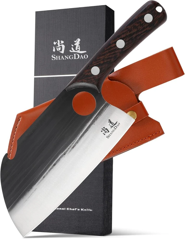 Shangdao Deba peilis 17.8 cm, rankų darbo mėsininko peilis mėsos pjaustymui, virtuviniai peiliai virtuvei ir stovyklavimui lauke, aukščiausios kokybės vokiškas nerūdijantis plienas ir tradicinė medinė rankena, dovanų dėžutė