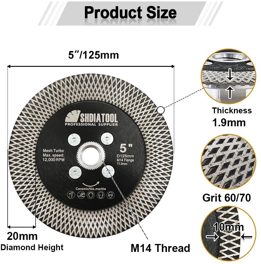 Shdiatool deimantinis pjovimo diskas šlifavimo diskas - 125 mm granito pjūklo diskas dvipusis vakuuminiu būdu lituotas plytelių deimantinis diskas x-mesh forma marmurui betonui akmeniui porcelianui keramikai m14 sriegis