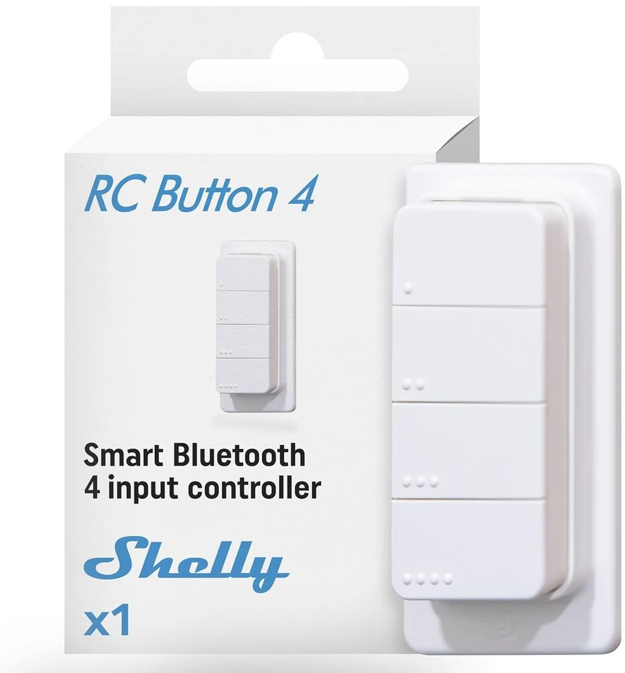 Shelly Blu Rc Button 4, nuotolinio valdymo pultas su bluetooth ryšiu ir magnetiniu laikikliu, scenos aktyvavimas, lengvas valdymas, kelių paspaudimų veiksmo paleidiklis, beacon režimas, alexa ir google, reikalingas bluetooth gateway