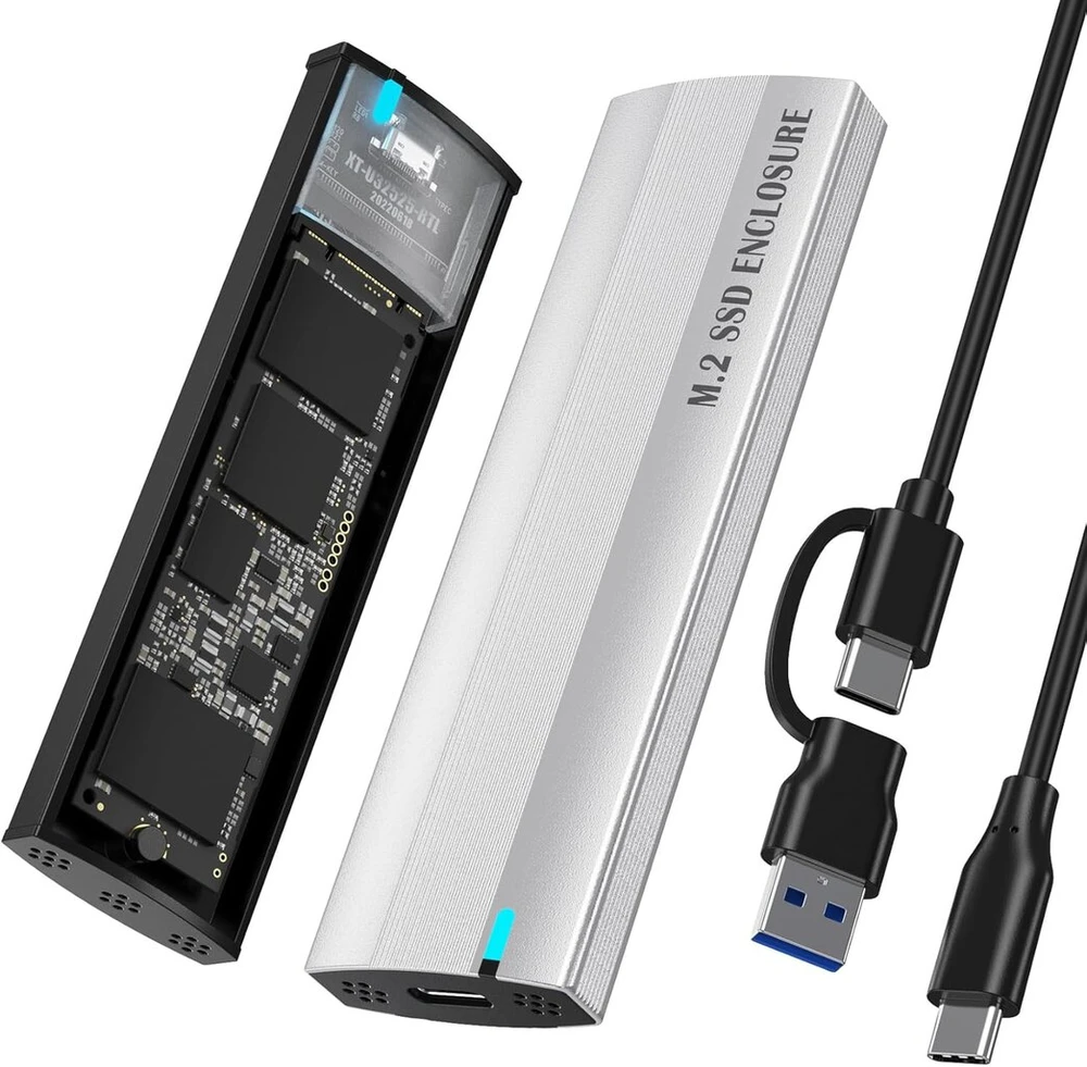 Shubeieumi m.2 nvme ir sata ssd dėklo adapteris, 10 gbps m.2 ssd į usb 3.1 su 2-in-1 laidu, palaiko m-key/b+m key 2230/2242/2260/2280 ssd, be įrankių (sidabrinis)