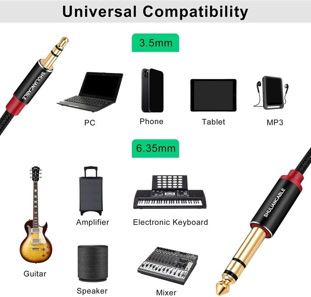 Shuliancable 3.5 mm į 6.35 mm jack audio kabelis, male to male stereo audio aux kabelis gitarai, mikšeriui, mikrofonui, įrašymo įrenginiui, nešiojamam kompiuteriui, stiprintuvui ir kt. (1 m)