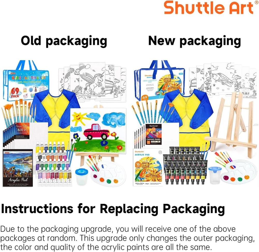 Shuttle Art vaikų tapybos rinkinys, 69 dalių vaikų tapybos rinkinys su 30 spalvingų akrilinių dažų, molbertu, drobe, spalvinimo knygele, teptuku, palete, tapybos chalatu ir laikymo krepšiu, tinkamas vaikams