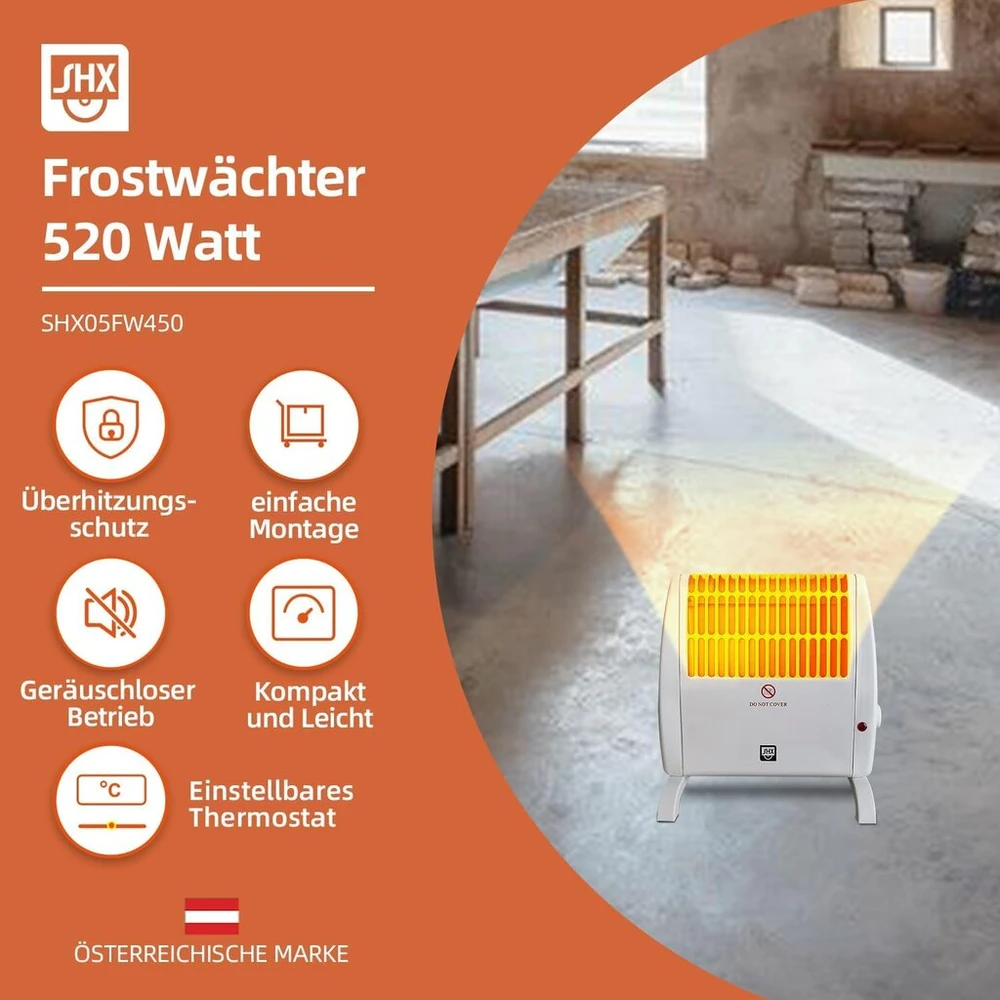 Shx apsauga nuo šalčio su sieniniu laikikliu 450 w shx05fw450 - apsauga nuo šalčio su reguliuojamu termostatu, 450 vatų, pastatomas arba montuojamas ant sienos, baltas