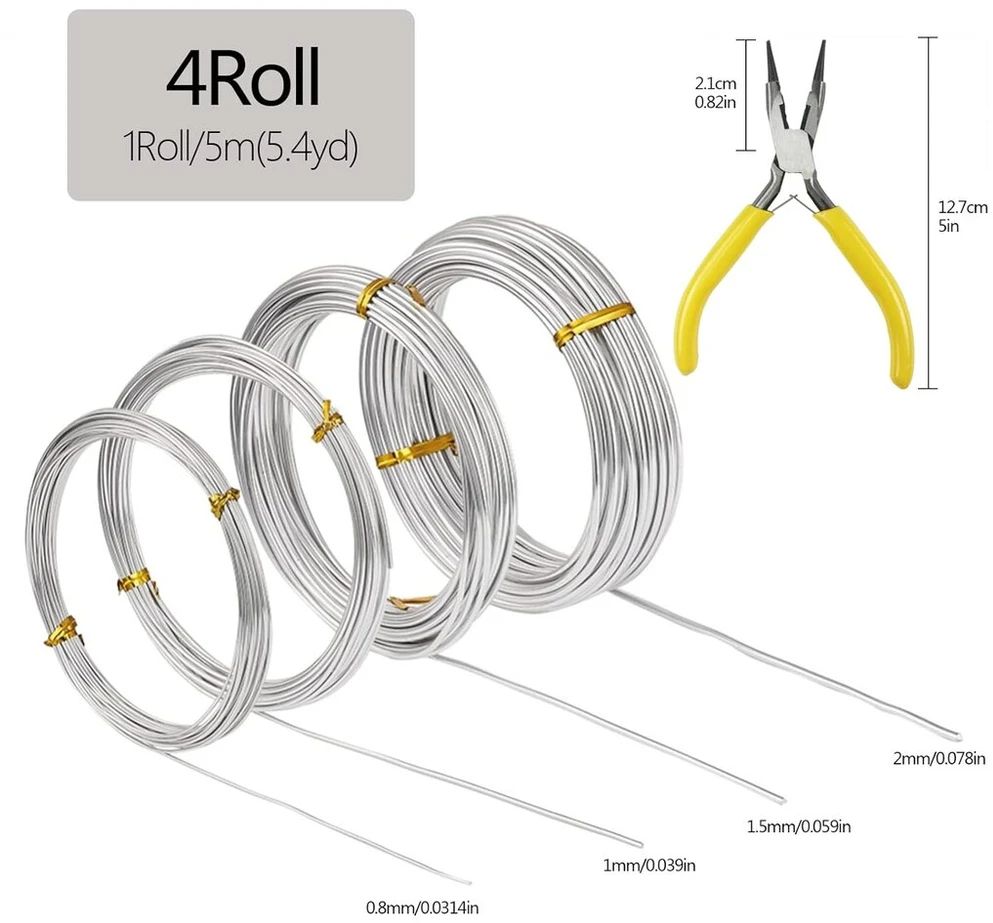Sidabrinė aliuminio viela papuošalams ir rankdarbiams, 4 ritinėliai, 0.8-2.0mm