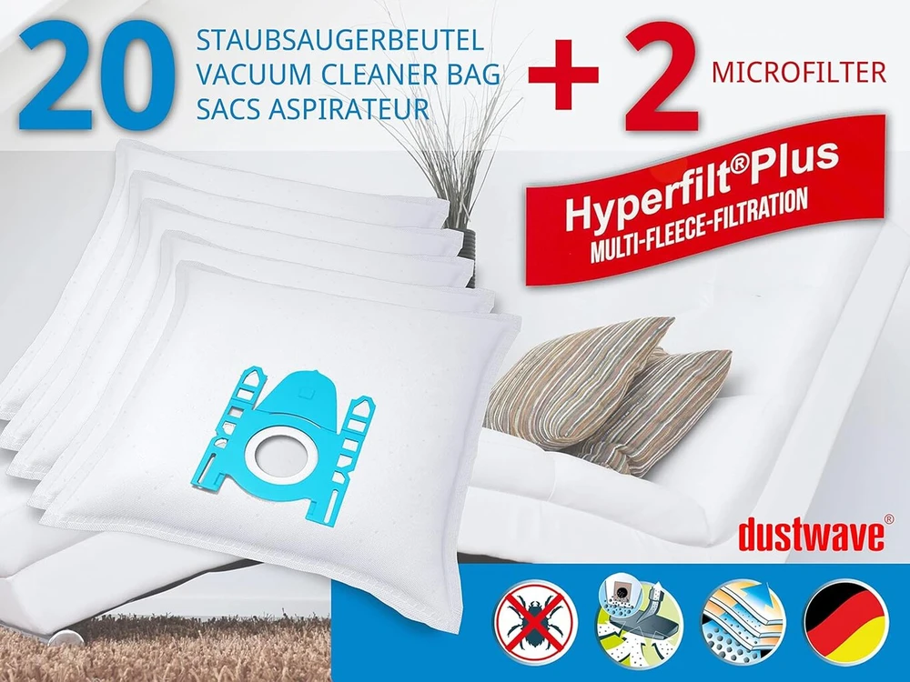Siemens 20 dustwave dulkių siurblių maišeliai, skirti Vs06a111, Vs06b1110, Vsz31455, Vsq5x1230, Vsz7330, Vsq8sen72c, Vs52, Z3.0, Z4.0, Q4.0, Q5.0, Q8.0, Vbbs625, Vs 06 G241 G20, Vbbs625v00