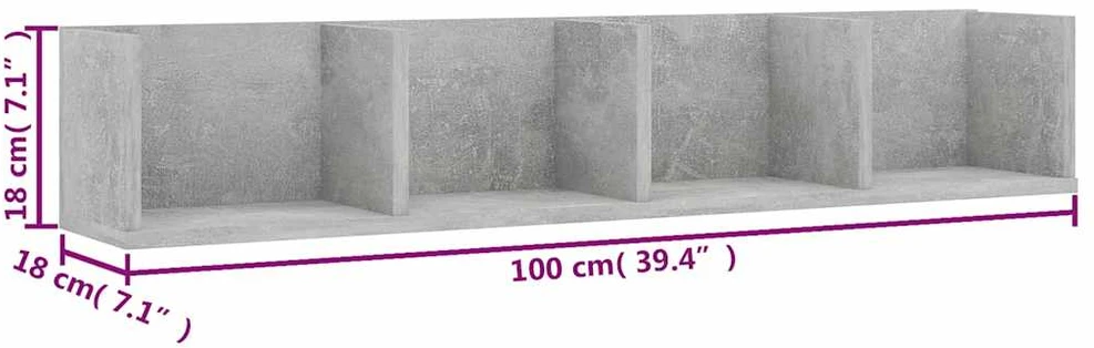Sieninė CD lentyna, betono pilka, 100x18x18cm, apdirbta mediena