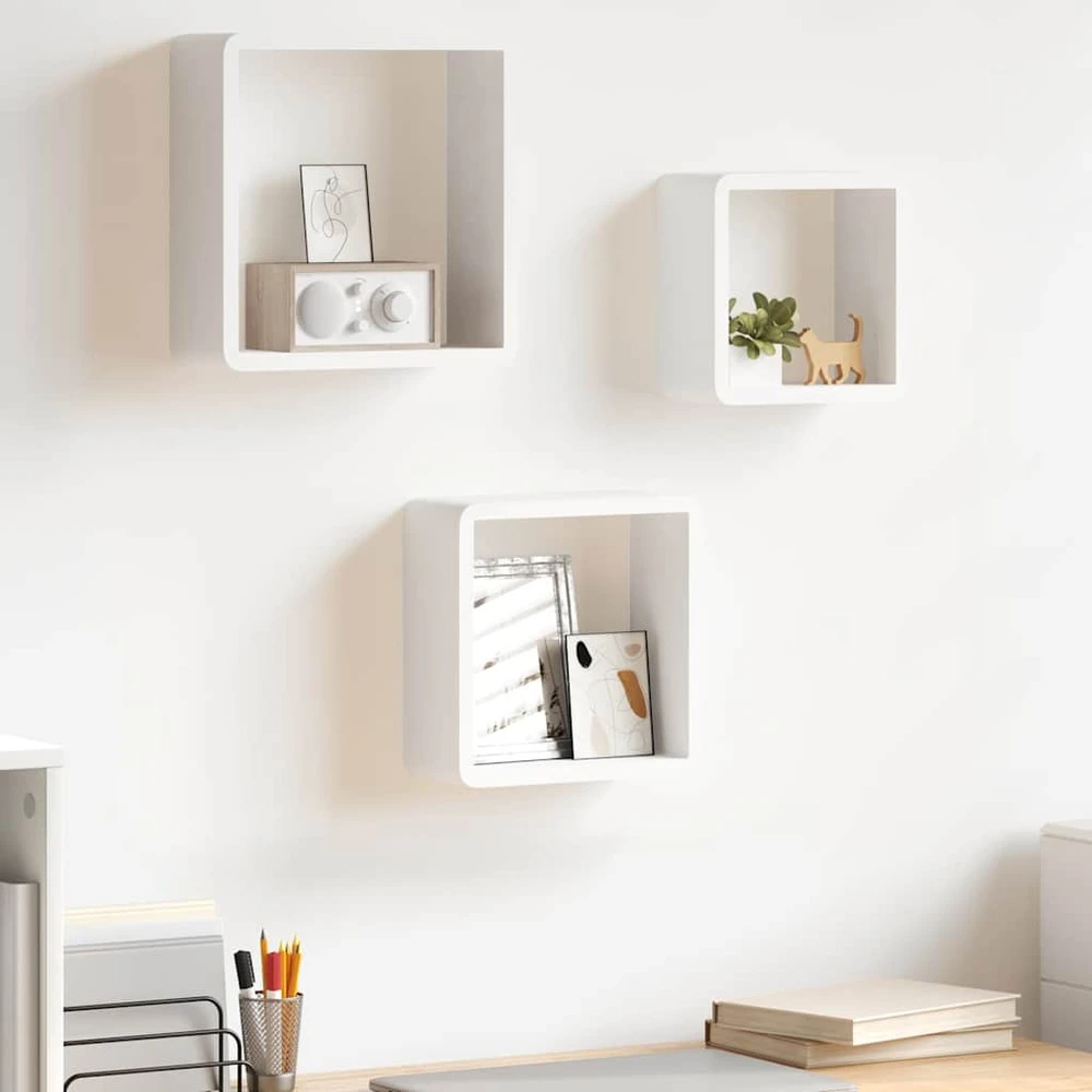 Sieninės lentynos, 3vnt., baltos spalvos, MDF, kubo formos