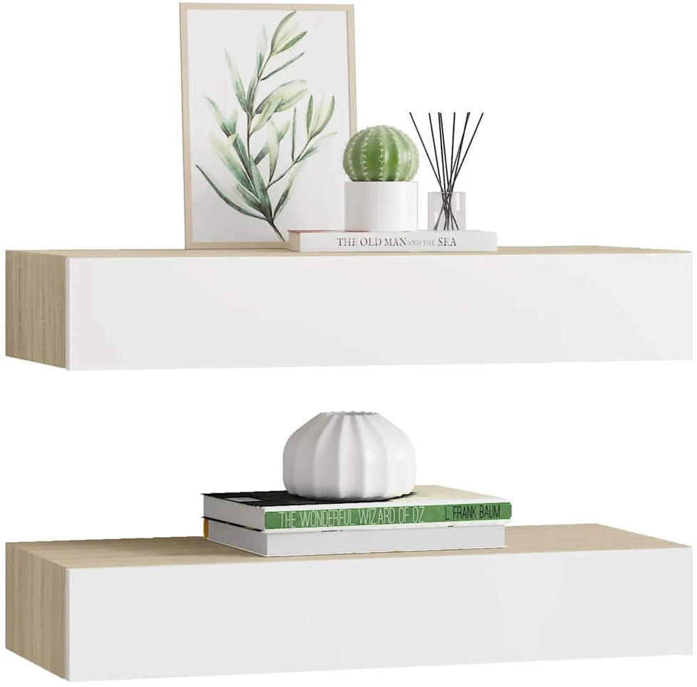 Sieninės stalčių lentynos, 2 vnt., ąžuolo ir baltos spalvos, 60x23,5x10cm, MDF