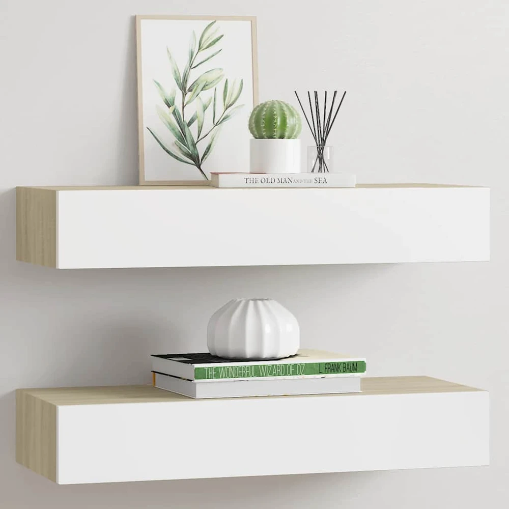 Sieninės stalčių lentynos, 2 vnt., ąžuolo ir baltos spalvos, 60x23,5x10cm, MDF