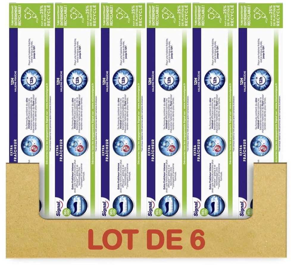 Signal - Extra Fresh and Intense dantų pasta - 12 valandų gaivaus kvapo - itin ilgai išliekanti - 96% natūralios kilmės ingredientų (6 x 75ml)