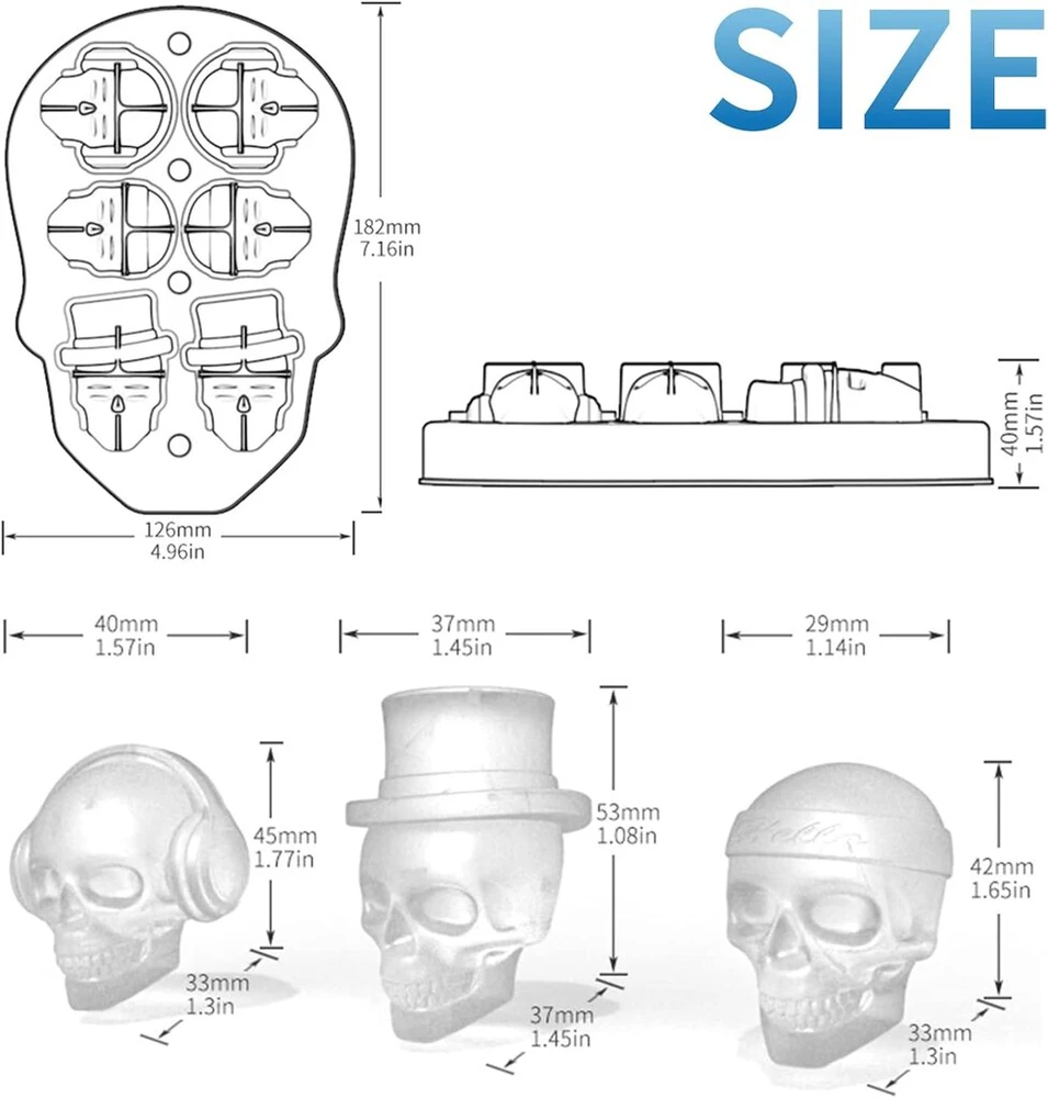 Silikoninė formelė 3d kaukolės formos ledo kubeliams