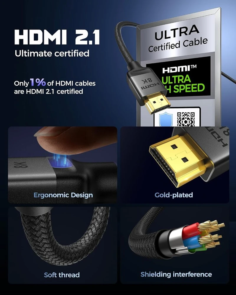 Silkland 10k 8k hdmi 2.1 kabelis 1 m, 2 vnt. sertifikuotas hdmi® kabelis 4k @ 144hz/120hz 8k @ 60hz, earc, hdr10, dolby atmos, 48 gbps, hdcp2.3, skirtas hdtv/soundbar/ps5/blu-ray/switch/projektoriui/nešiojamam kompiuteriui/ekranui