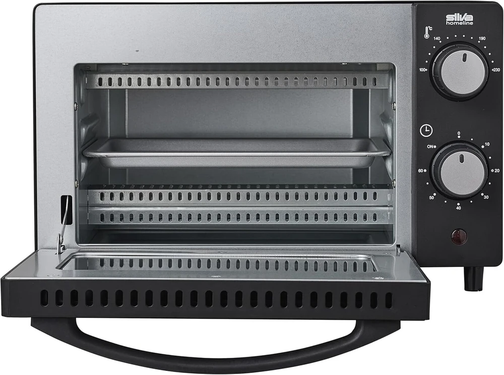 Silva Schneider Mb 1000, mini orkaitė 10 l, juoda, 650 vatų, temperatūros reguliavimas 100-230 °c, laikmatis su pabaigos signalu, kvarciniai kaitinimo elementai, dvigubo stiklo durelės, įskaitant kepimo skardą, groteles ir rankeną