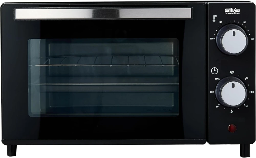 Silva Schneider Mb 1000, mini orkaitė 10 l, juoda, 650 vatų, temperatūros reguliavimas 100-230 °c, laikmatis su pabaigos signalu, kvarciniai kaitinimo elementai, dvigubo stiklo durelės, įskaitant kepimo skardą, groteles ir rankeną