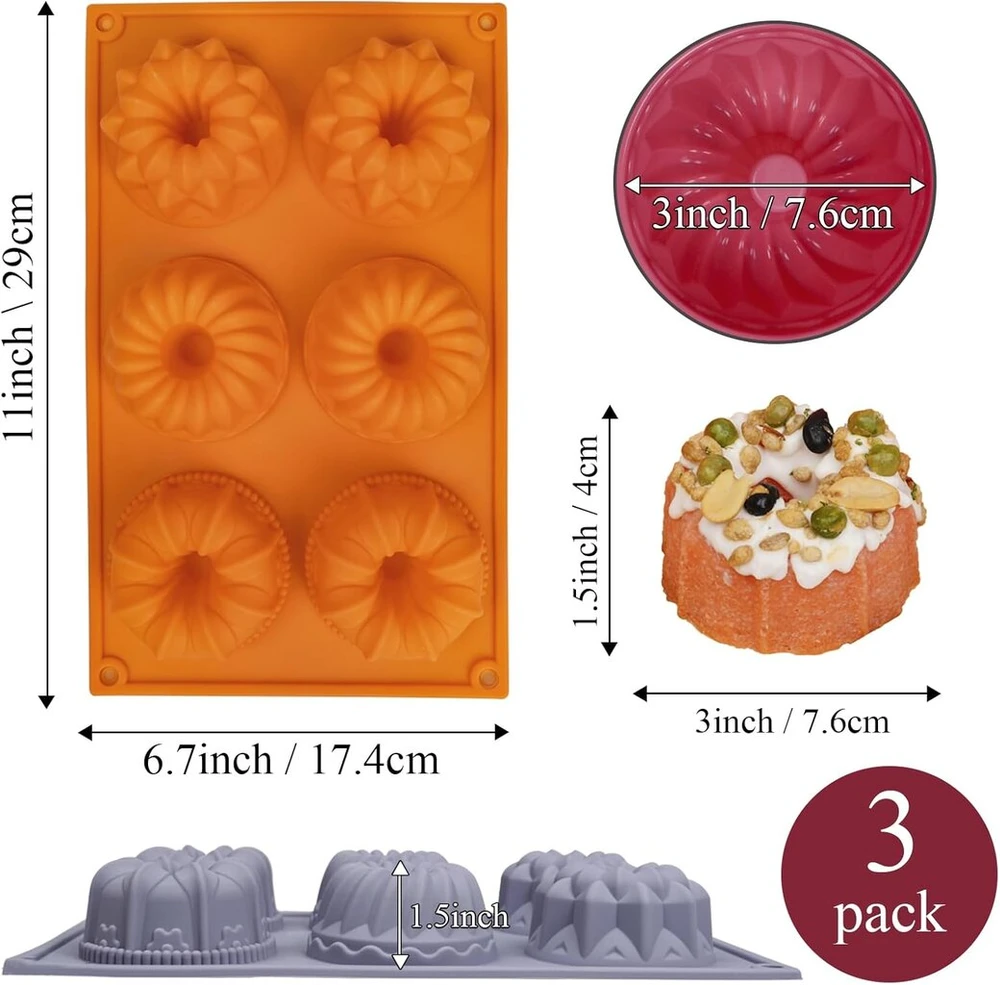 Sinsanye 3 mini bundt pyrago formų rinkinys, silikoninės, 6 skyreliai, bundt pyrago forma, mažos, maistinės, daugkartinio naudojimo, mini kepimo forma, bundt pyragas pyragams, desertams, šokoladui, pilka, rožinė, oranžinė