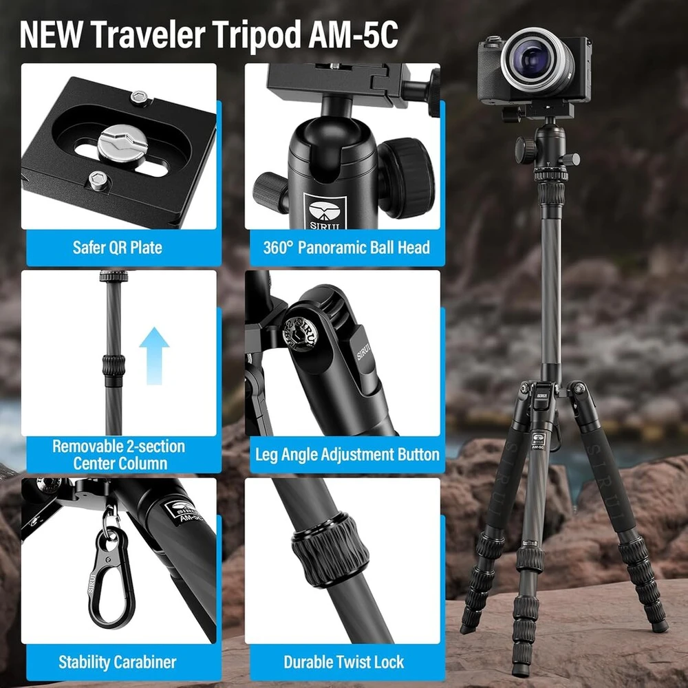 Sirui am-5c anglies pluošto kelioninis trikojis, 140 cm kompaktiškas lengvas anglies pluošto trikojis su 360° panoraminiu rutuliniu galvu, skirtas dslr, greito atleidimo plokštelė, nuimama centrinė kolona, keliamoji galia iki 10 kg