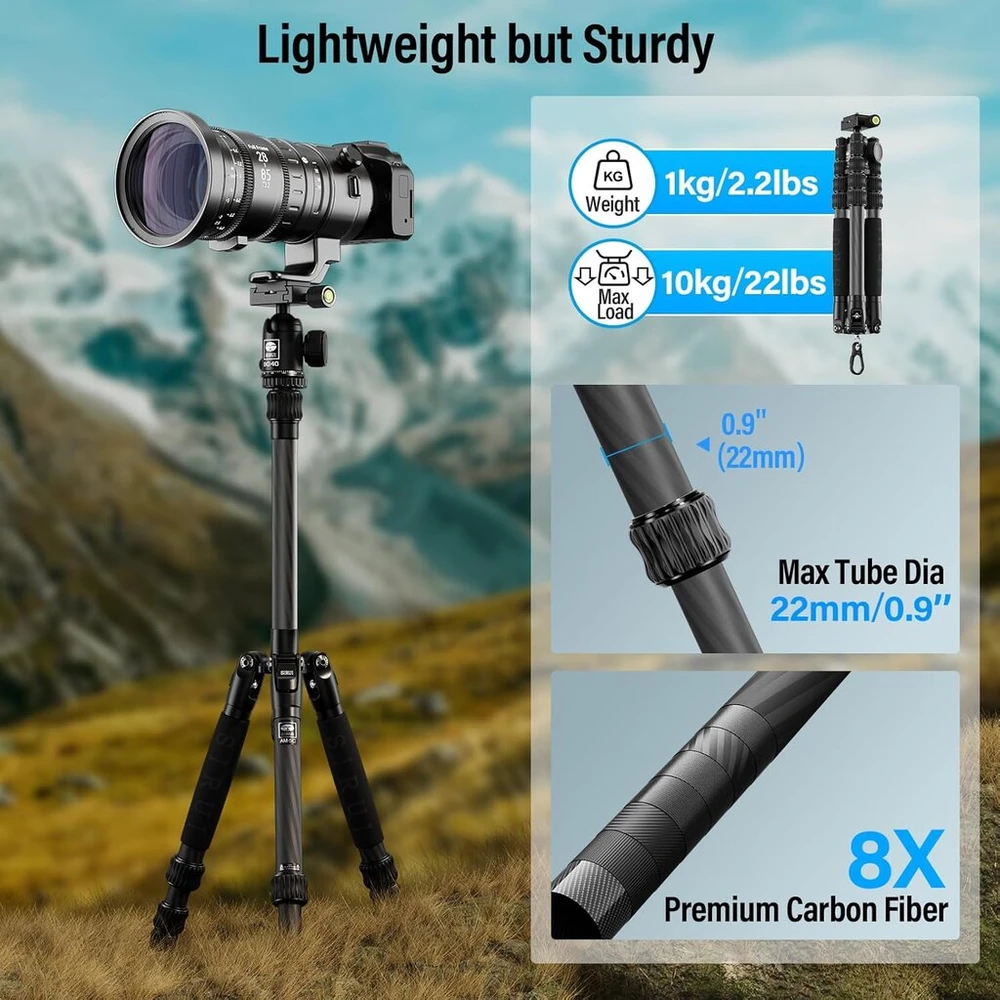 Sirui am-5c anglies pluošto kelioninis trikojis, 140 cm kompaktiškas lengvas anglies pluošto trikojis su 360° panoraminiu rutuliniu galvu, skirtas dslr, greito atleidimo plokštelė, nuimama centrinė kolona, keliamoji galia iki 10 kg