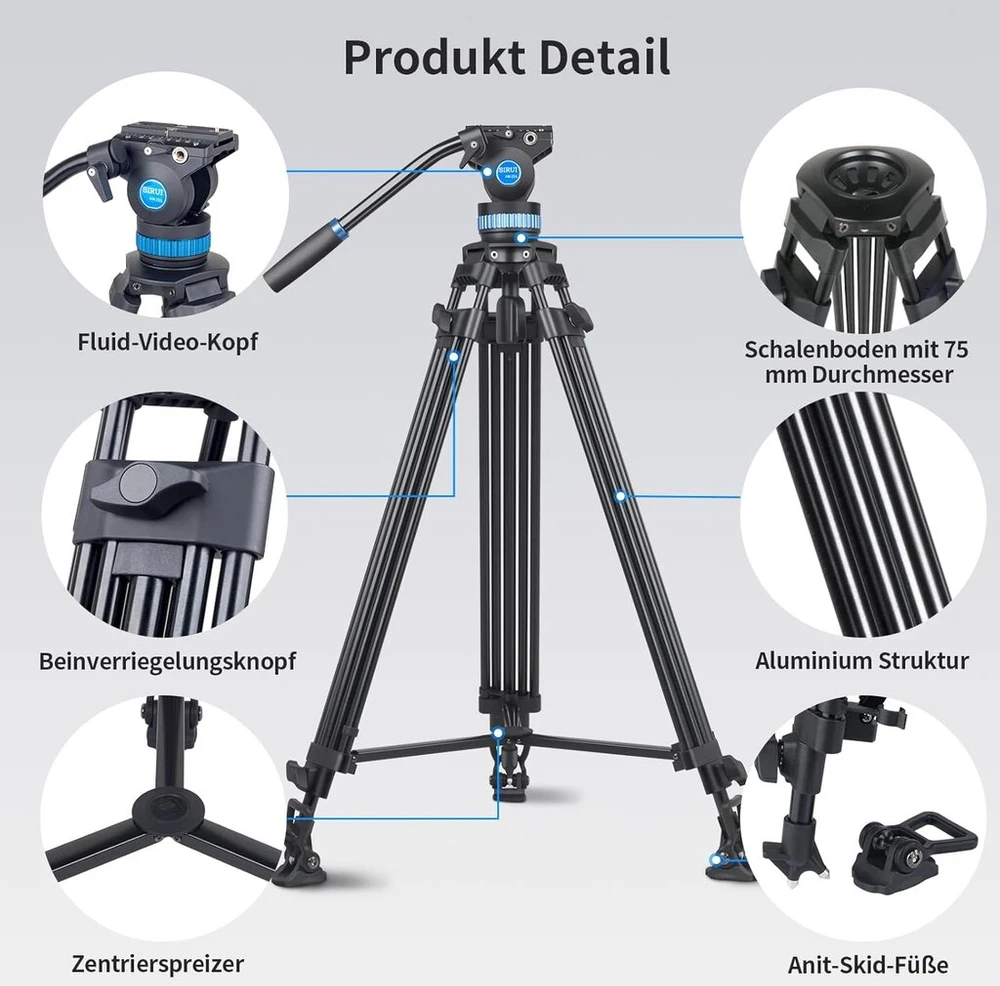 Sirui trikojis vaizdo kameros trikojis su skysčio galvute Am-25s, 190 cm profesionalus aliuminio trikojis vaizdo kameroms Dslr, maksimali apkrova 10 kg